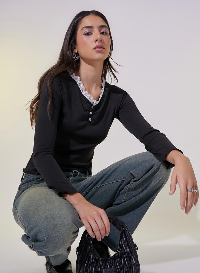 Take Two Lace Contrast Round Neck Rib Top  - Image 1