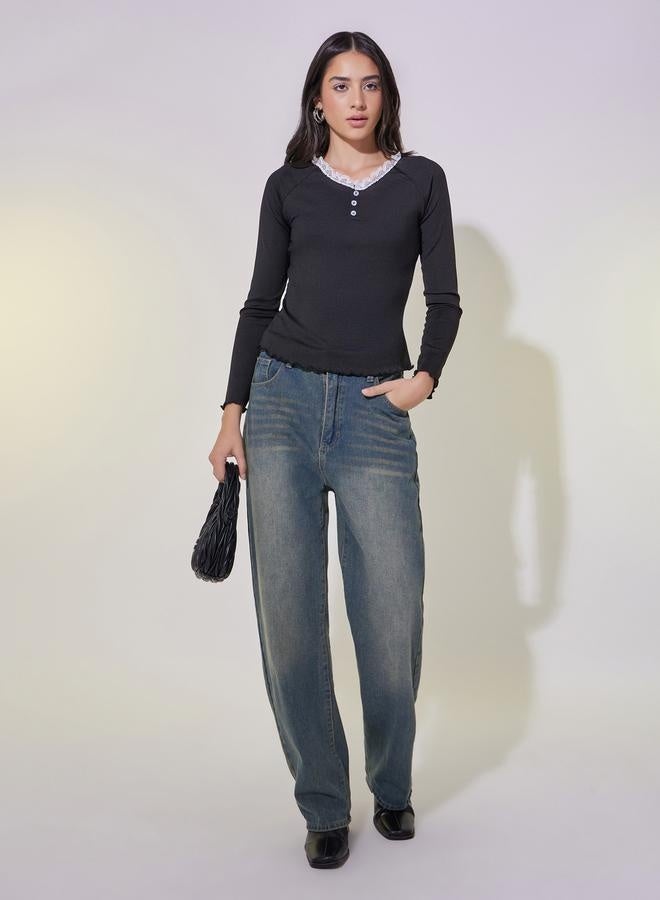 Take Two Lace Contrast Round Neck Rib Top  - Image 2