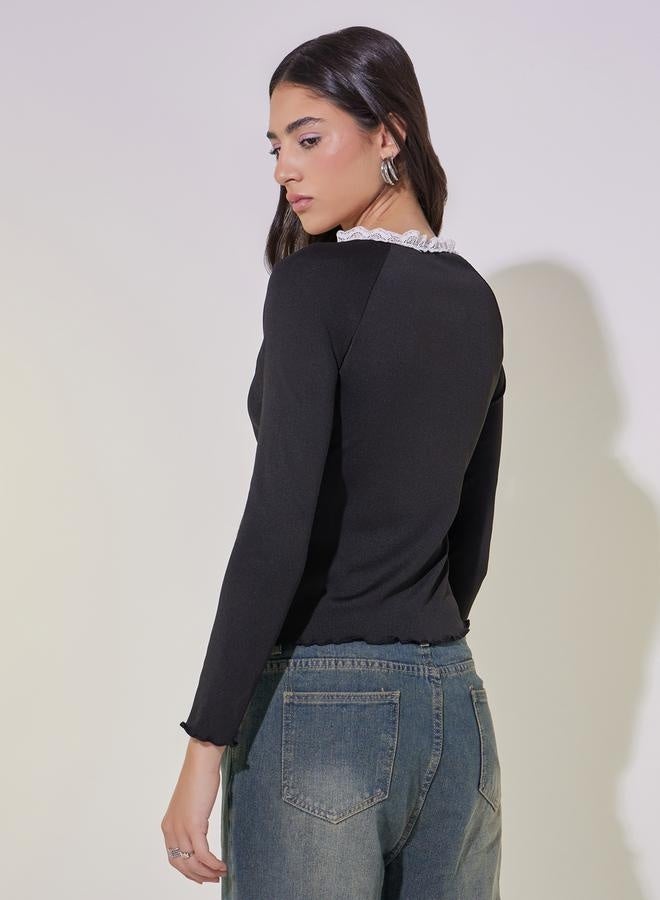 Take Two Lace Contrast Round Neck Rib Top  - Image 5