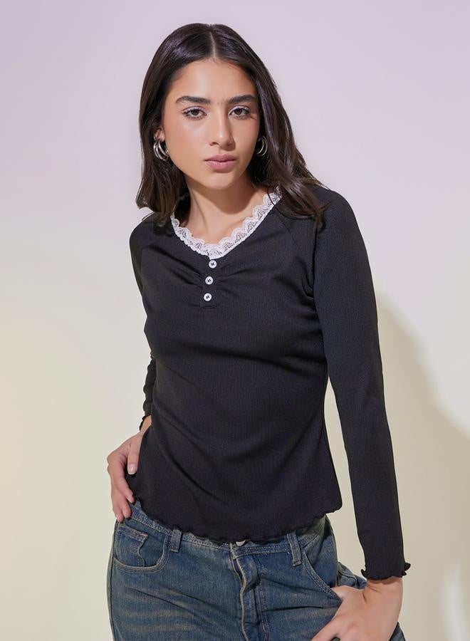 Take Two Lace Contrast Round Neck Rib Top  - Image 3