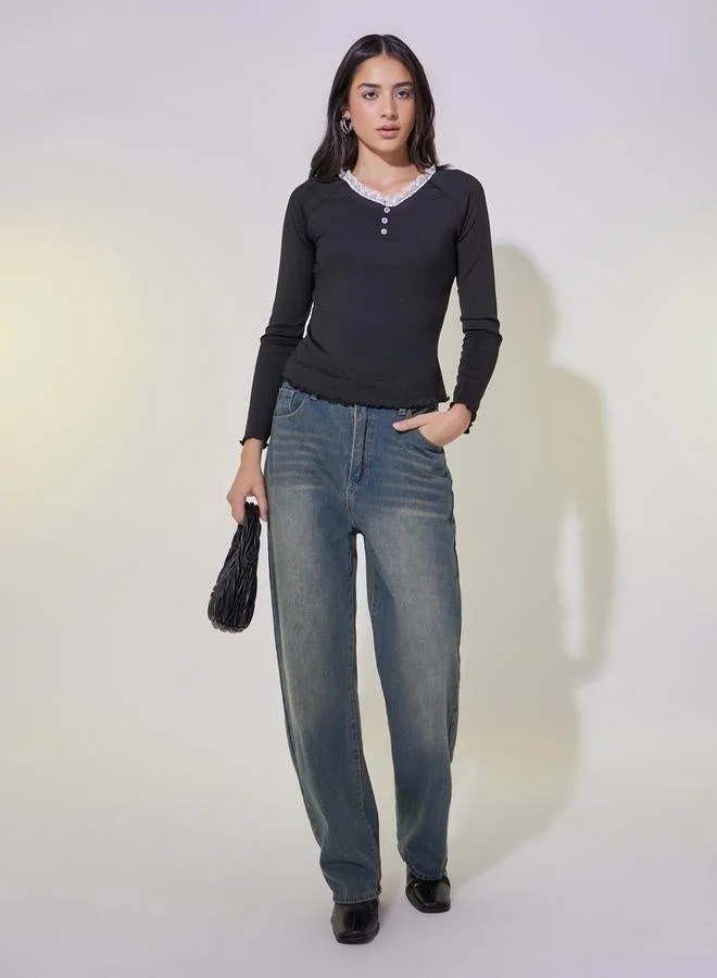 Take Two Lace Contrast Round Neck Rib Top