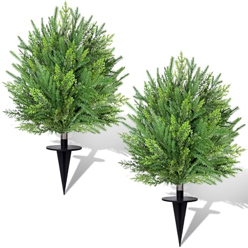 Grandeal 2 Pack Artificial Cypress Topiary Ball Trees with Ground Spike, 24" Norfolk Fake Bushes Shrubs UV Resistant Faux Plants Greenery for Outdoor Planters Garden Front Porch Pot Urn Fillers Spring Decor - Image 1