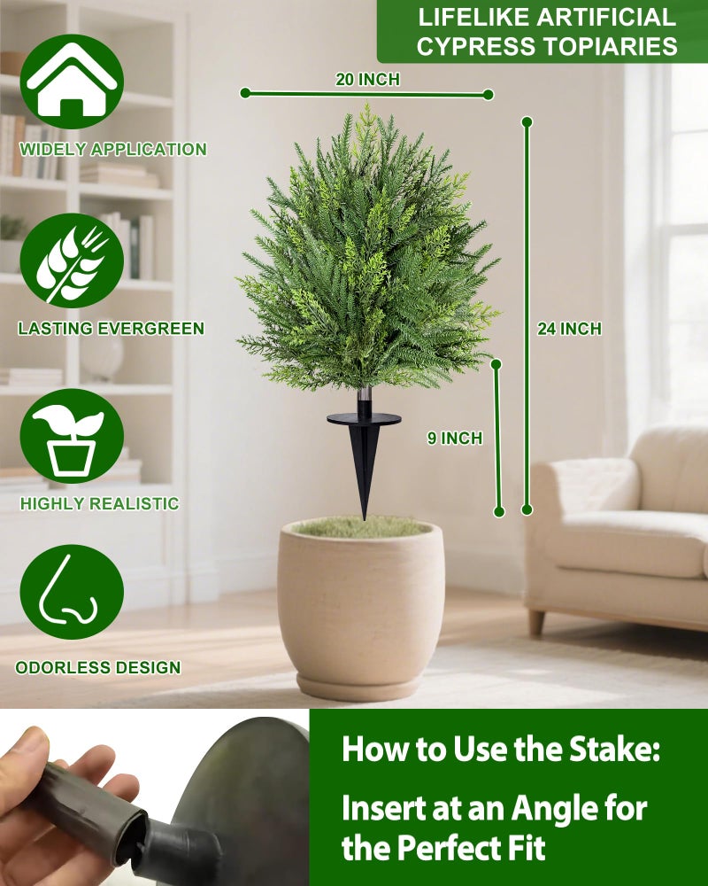 Grandeal 2 Pack Artificial Cypress Topiary Ball Trees with Ground Spike, 24" Norfolk Fake Bushes Shrubs UV Resistant Faux Plants Greenery for Outdoor Planters Garden Front Porch Pot Urn Fillers Spring Decor - Image 5