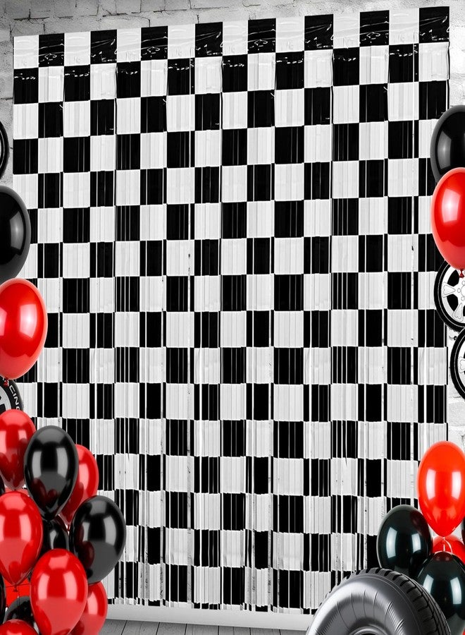 Riomhorry Race Car Birthday Party Streamers Decorations, Photo Booth Props Backdrops Decorations, Black and White Checkered Foil Fringe for One Happy Dude Cars Theme Party Supplies - Image 1