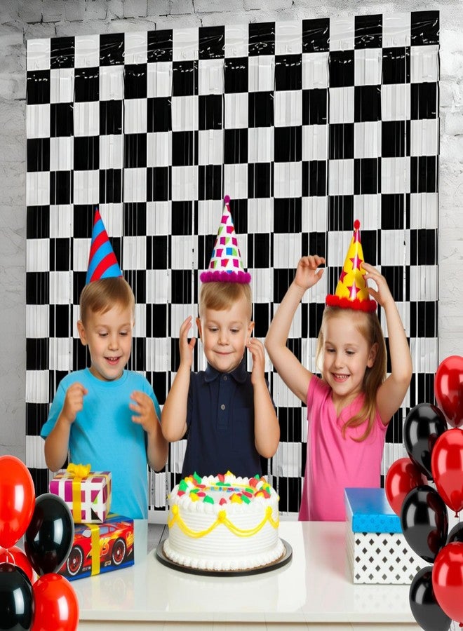 Riomhorry Race Car Birthday Party Streamers Decorations, Photo Booth Props Backdrops Decorations, Black and White Checkered Foil Fringe for One Happy Dude Cars Theme Party Supplies - Image 5