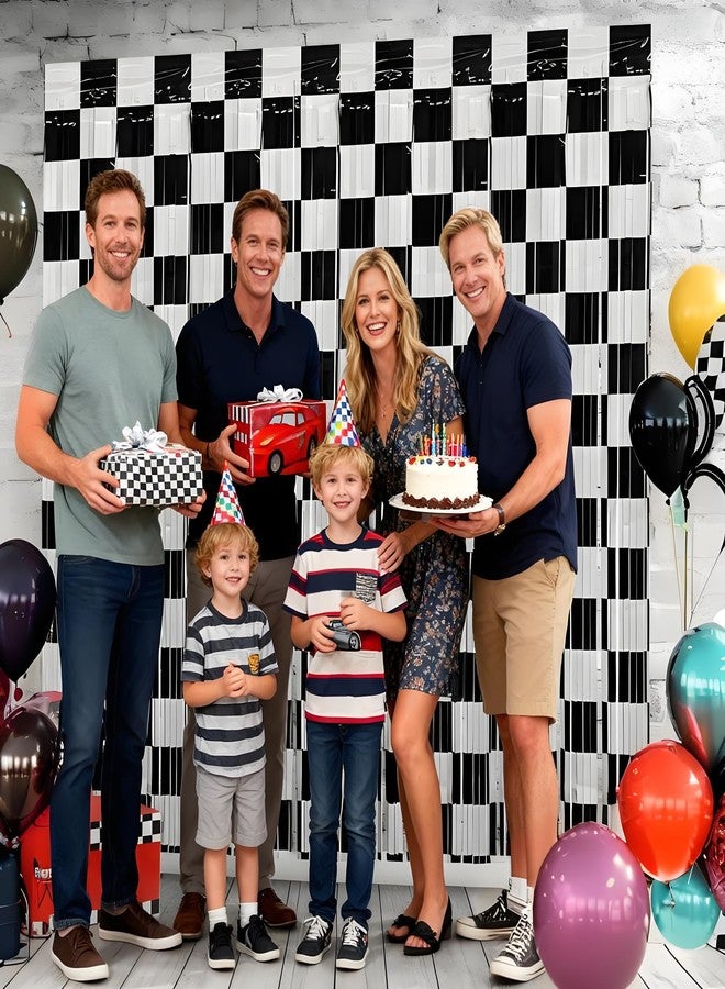 Riomhorry Race Car Birthday Party Streamers Decorations, Photo Booth Props Backdrops Decorations, Black and White Checkered Foil Fringe for One Happy Dude Cars Theme Party Supplies - Image 4