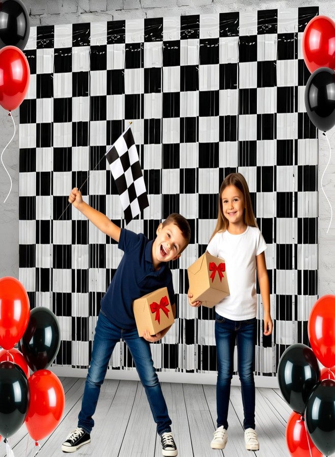 Riomhorry Race Car Birthday Party Streamers Decorations, Photo Booth Props Backdrops Decorations, Black and White Checkered Foil Fringe for One Happy Dude Cars Theme Party Supplies - Image 2