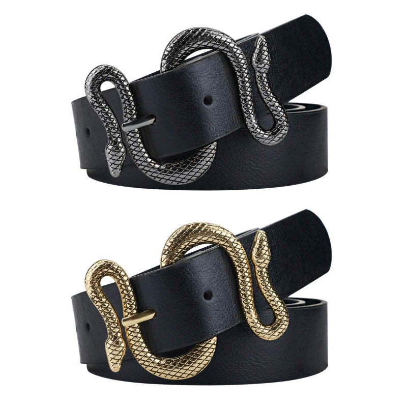 taffeta alley taffeta alley Black Leather Belts for Women,Womens Black Belts With for Jeans with Gold Buckle, 2pack Length 120cm  - Image 1