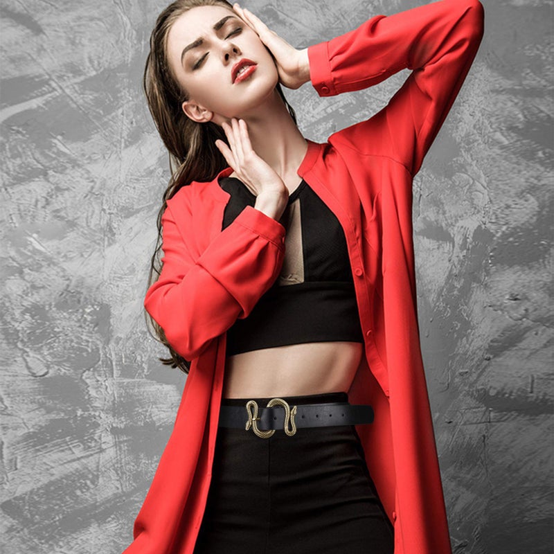 taffeta alley taffeta alley Black Leather Belts for Women,Womens Black Belts With for Jeans with Gold Buckle, 2pack Length 120cm  - Image 2