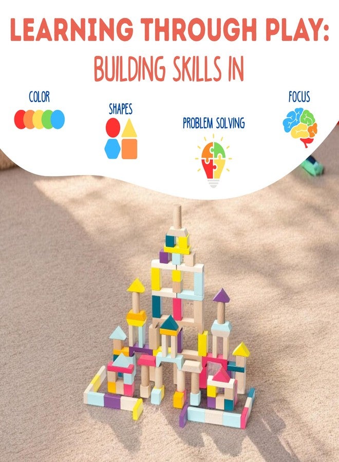 Cubika مجموعة كتل البناء الخشبية من كوبية 100 قطعة - لعبة تكديس مستوحاة من مونتيسوري للأطفال الصغار والأطفال - كتل خشبية متينة للإبداع، المهارات الحركية الدقيقة، والتعلم المبكر - Image 3