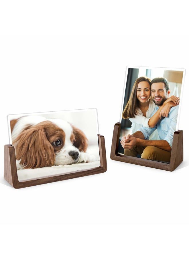 Mixoo Picture Frame 2 Pack - Rustic Wooden Photo Frames with Walnut Wood Base and High Definition Break Free Acrylic Glass Covers for Tabletop or Desktop Display (4x6 inch, Horizontal + Vertical) - Image 1