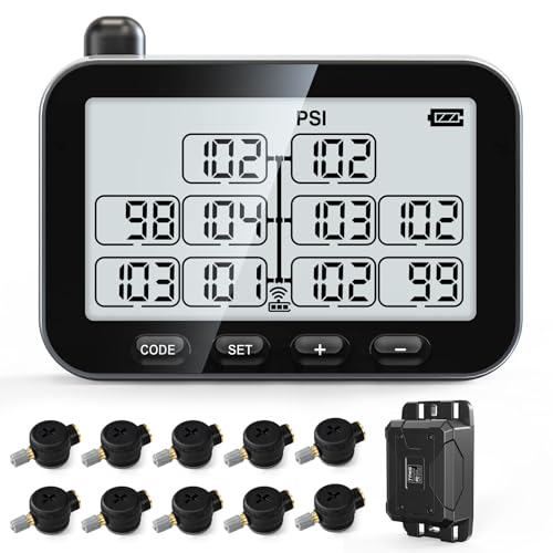 GUTA RV Tire Pressure Monitoring System, RV TPMS with 10 Flow Thru Sensors, 6 Alert Modes, Signal Booster, Power Saving Display, Long Sensing Distance, for 3 Trailers (T1/T2/T3), Camper, Motorhome - Image 1