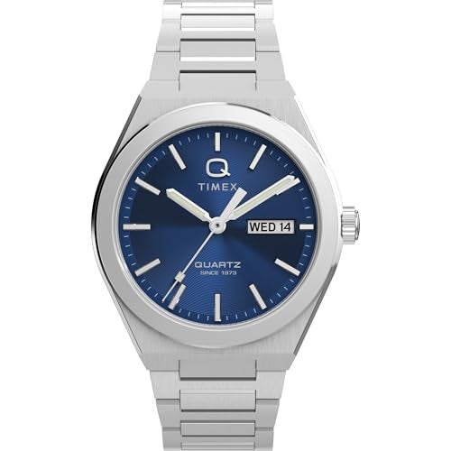 TIMEX Q Continental Analog Blue Round Dial & Silver Stainless Steel Bracelet Band Water Resistant Men's Wrist Watch - TW2Y25100IK - Image 1