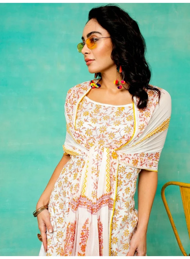 AKS White & Yellow Hand Block Printed Kurta & Palazzo With Dupatta Set