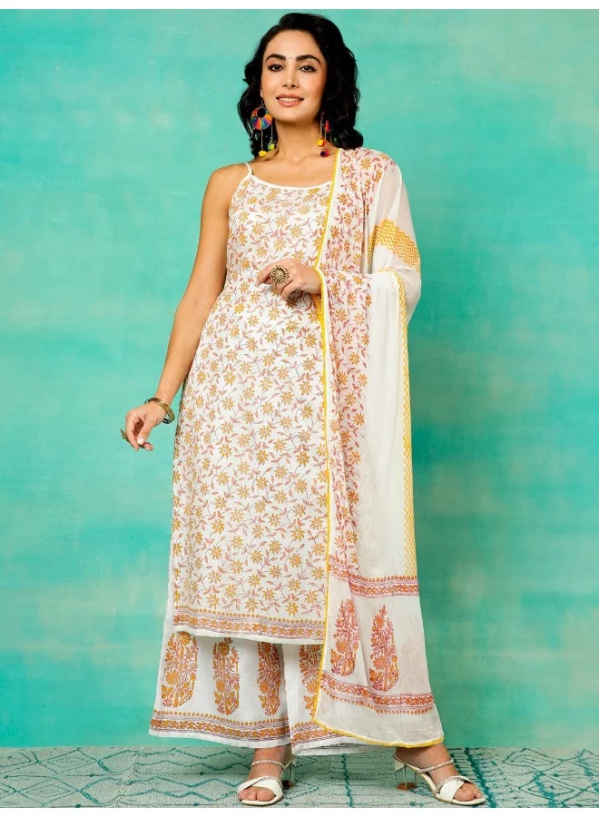 AKS White & Yellow Hand Block Printed Kurta & Palazzo With Dupatta Set