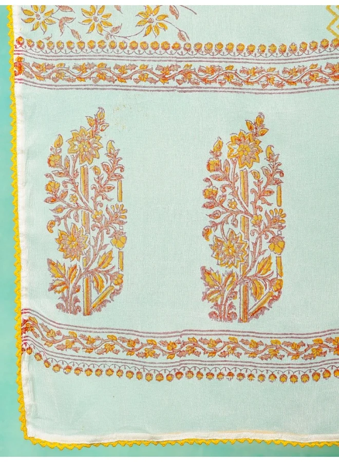 AKS White & Yellow Hand Block Printed Kurta & Palazzo With Dupatta Set