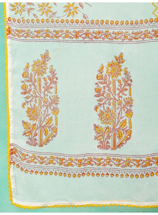 AKS White & Yellow Hand Block Printed Kurta & Palazzo With Dupatta Set - Image 5
