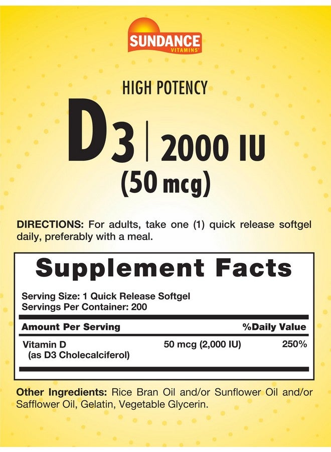 Sundance High Potency D3 2000 IU | 200 Quick Release Softgels | Essential Vitamin Formula | Non-GMO and Gluten Free Supplement - Image 2