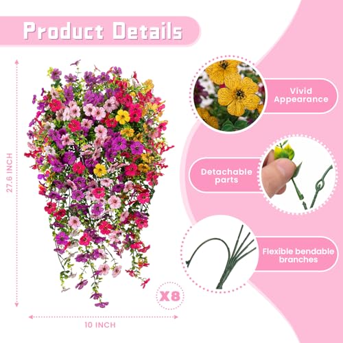 ADXORA 8PCS Artificial Hanging Fake Flowers for Outdoor Decoration Faux Silk Flowers Plants for Outdoor Outside Planter UV Resistant Daisy with Eucalyptus Leaves, Porch Front Door Patio Balcony Yard Décor - Image 2
