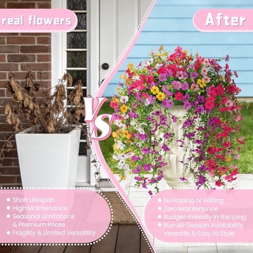 ADXORA 8PCS Artificial Hanging Fake Flowers for Outdoor Decoration Faux Silk Flowers Plants for Outdoor Outside Planter UV Resistant Daisy with Eucalyptus Leaves, Porch Front Door Patio Balcony Yard Décor - Image 4