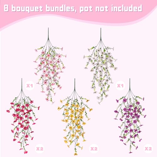 ADXORA 8PCS Artificial Hanging Fake Flowers for Outdoor Decoration Faux Silk Flowers Plants for Outdoor Outside Planter UV Resistant Daisy with Eucalyptus Leaves, Porch Front Door Patio Balcony Yard Décor - Image 3