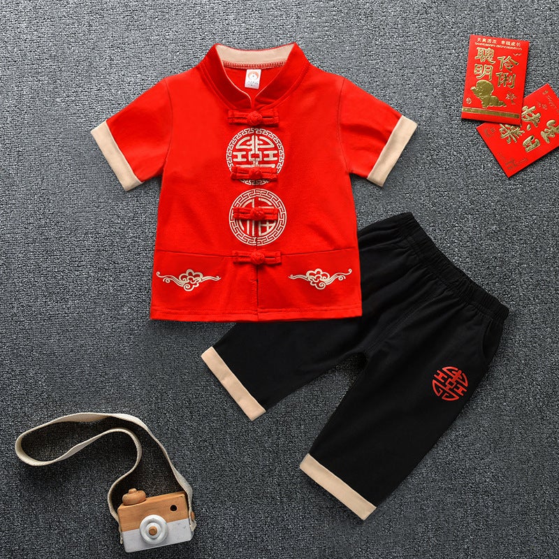 Boys Hanfu Summer One-Year-Old Banquet Mens Treasure Weeks Dress Childrens Hundred-Day Split Tang Suit Summer Boys Clothes 2020910 Gifford Short Sleeve Red 