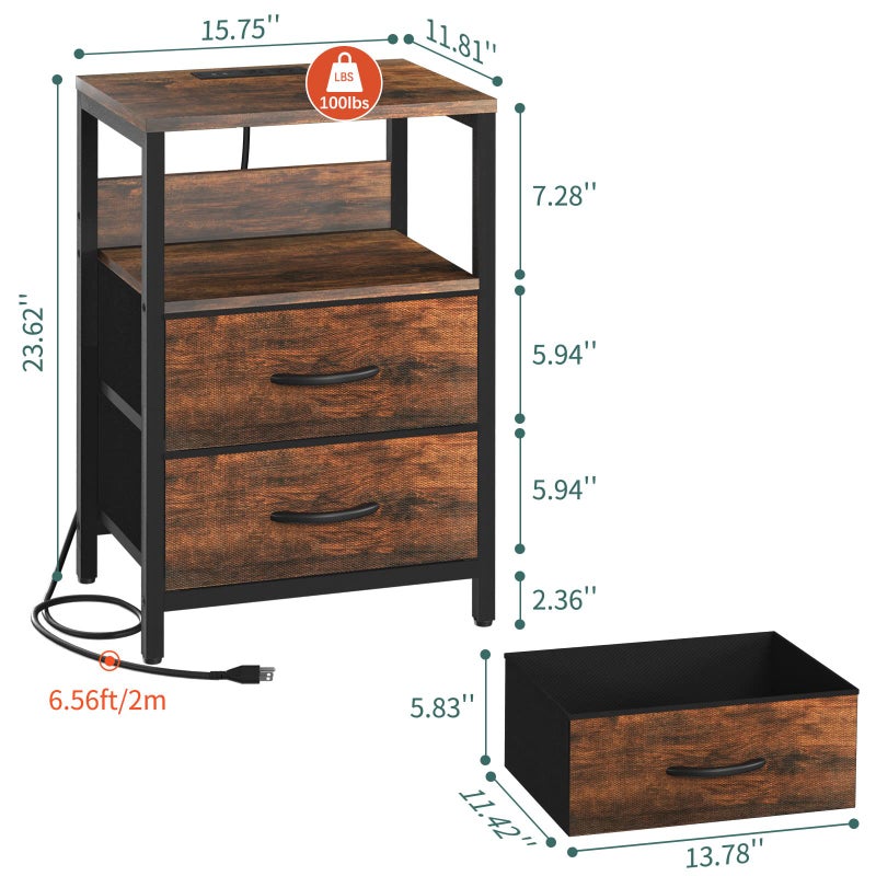 Yoobure Nightstand with Charging Station, Small Night Stand with Fabric Drawers and Storage Shelf for Bedrooms, Small Spaces, Bedside Table with USB Ports & Outlets - Image 4