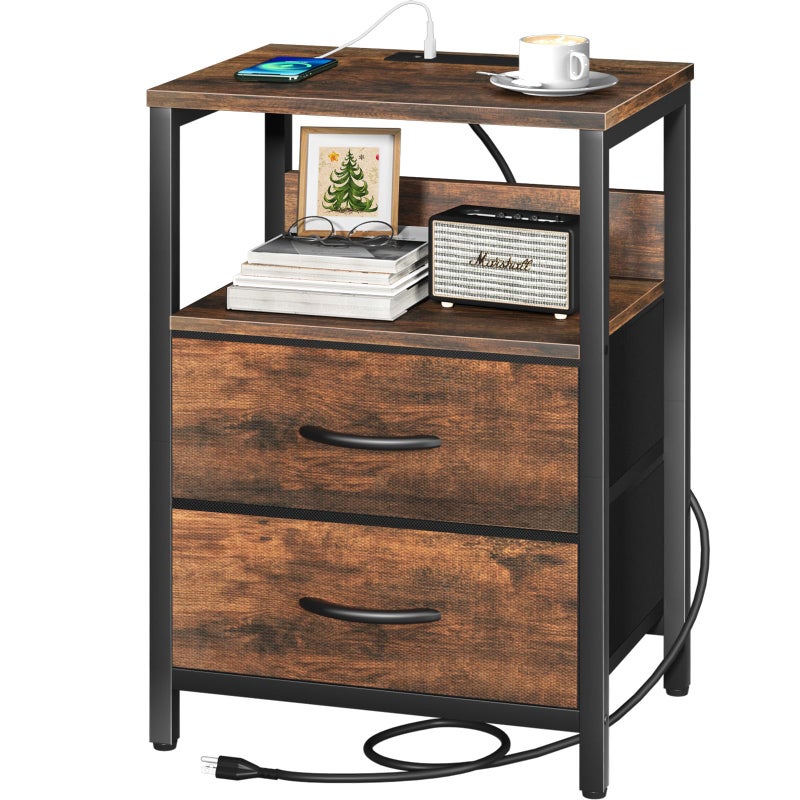 Yoobure Nightstand with Charging Station, Small Night Stand with Fabric Drawers and Storage Shelf for Bedrooms, Small Spaces, Bedside Table with USB Ports & Outlets - Image 1