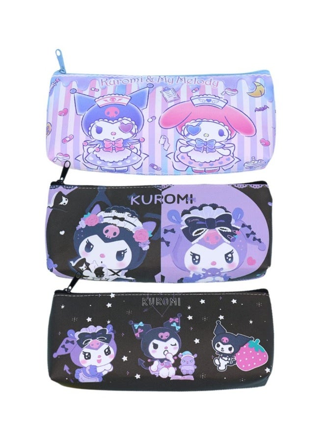 3 Pcs Black Kuromi Pencil Case for Girls, Cute Kuromi Pencil Bag Stationary School Supplies Anime Figures Pencil Case with Smooth Zip PU Storage Pouch Make Up Cosmetic Bag Cute Pencil Case - Image 1