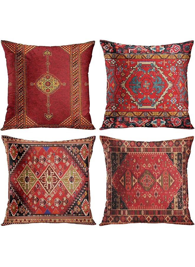 The Bros Throw Pillow Covers Geometric Kilim Moroccan Home Decor Set of 4 Oriental Ikat Pillow Cases Living Room Decorative 18 x 18 Inches Cushion Couch Sofa Pillowcases Colorful Red Tribal - Image 1