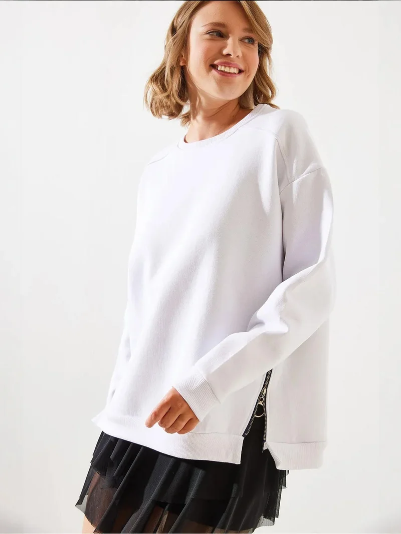 Bianco Lucci LUCCI Crew Neck Zipper Detailed Sweatshirt