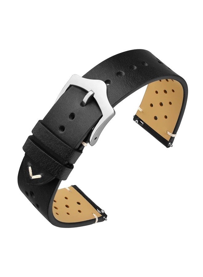 ANNEFIT Vintage Leather Watch Strap 18mm, Quick Release Replacement Band for Men and Women with Silver Buckle (Black)  - Image 1