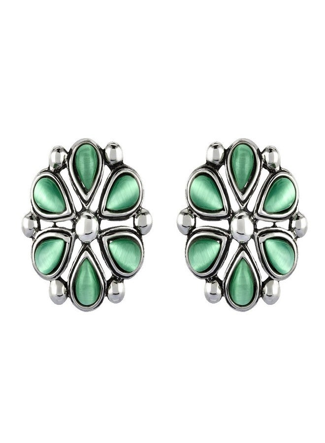 Mahi Monalisa Cats Eye Light Green Flower Rhodium Plated Earrings for Women ER1109417RLGre - Image 1