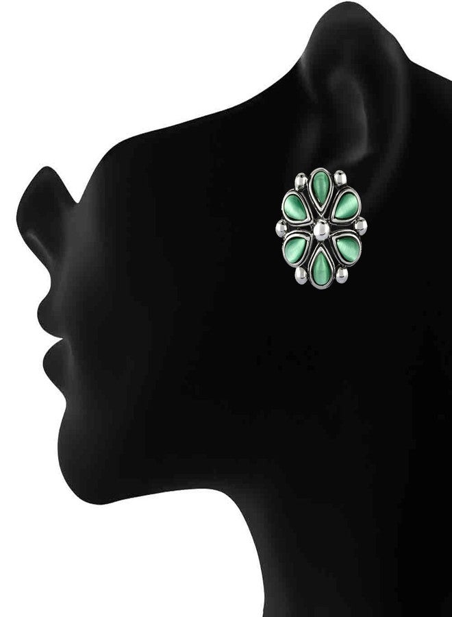 Mahi Monalisa Cats Eye Light Green Flower Rhodium Plated Earrings for Women ER1109417RLGre - Image 2