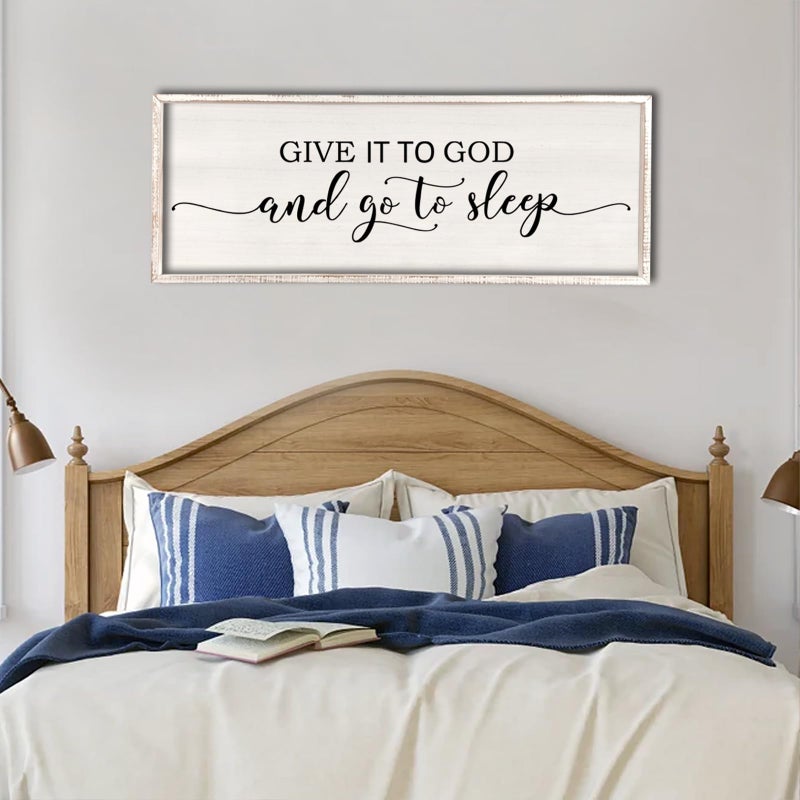 Surfapans Give It To God And Go To Sleep Sign Wall Decor 40"X15" Master Bedroom Above Bed Large Farmhouse Wall Decor Signs Wood Rustic Framed Wall Art Decoration (White) - Image 1