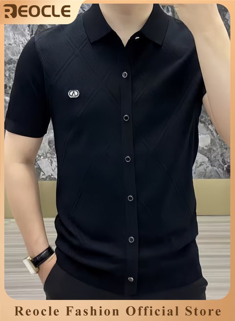 Men's T-shirt Short Sleeve Button Down Shirts Regular-Fit Cotton Lapel Shirts Casual T-shirt