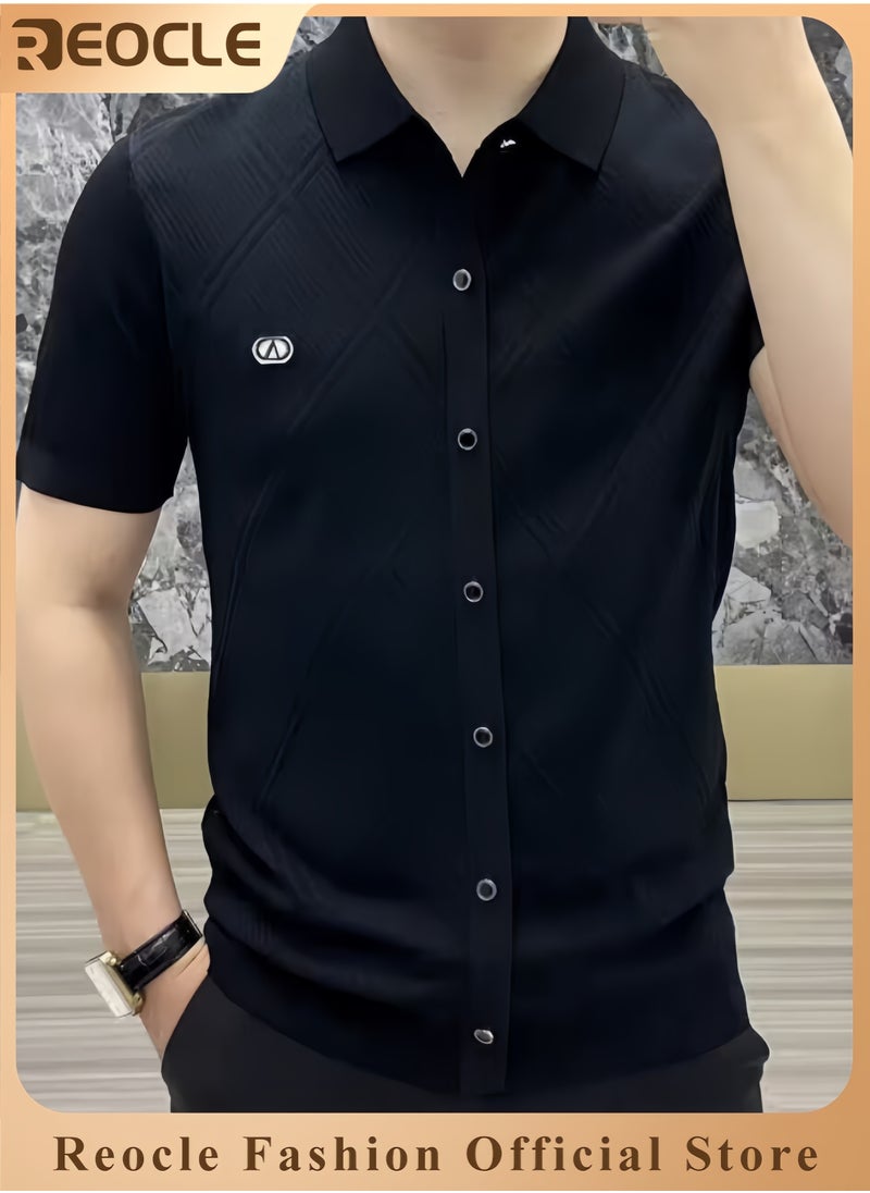 REOCLE Men's T-shirt Short Sleeve Button Down Shirts Regular-Fit Cotton Lapel Shirts Casual T-shirt  - Image 1
