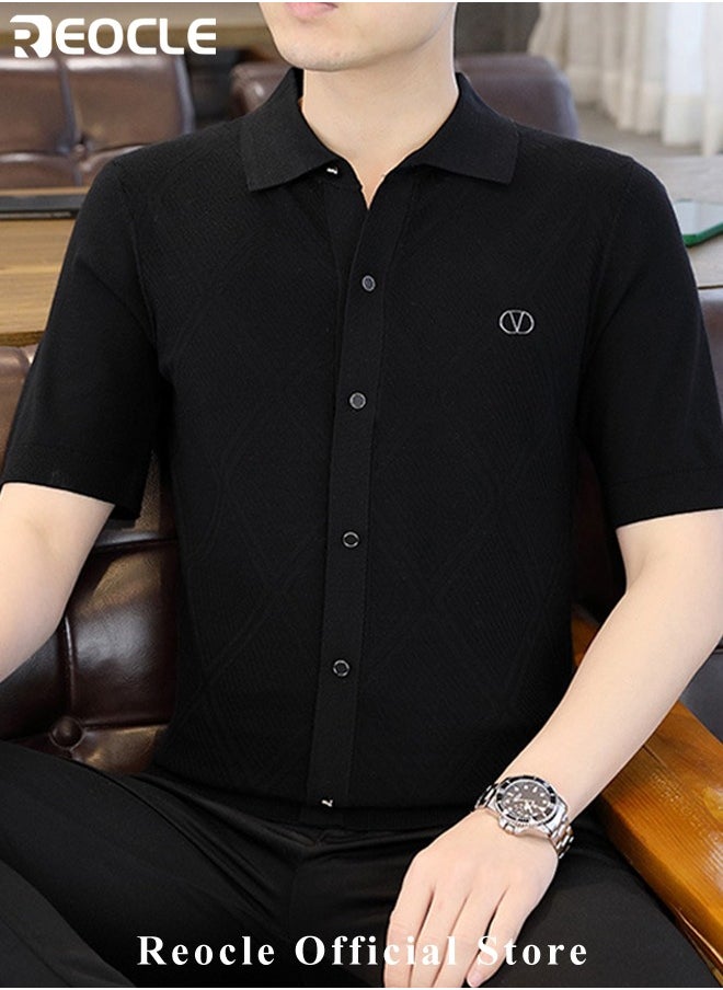 REOCLE Men's T-shirt Short Sleeve Button Down Shirts Regular-Fit Cotton Lapel Shirts Casual T-shirt  - Image 2