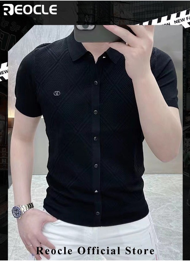 REOCLE Men's T-shirt Short Sleeve Button Down Shirts Regular-Fit Cotton Lapel Shirts Casual T-shirt  - Image 4