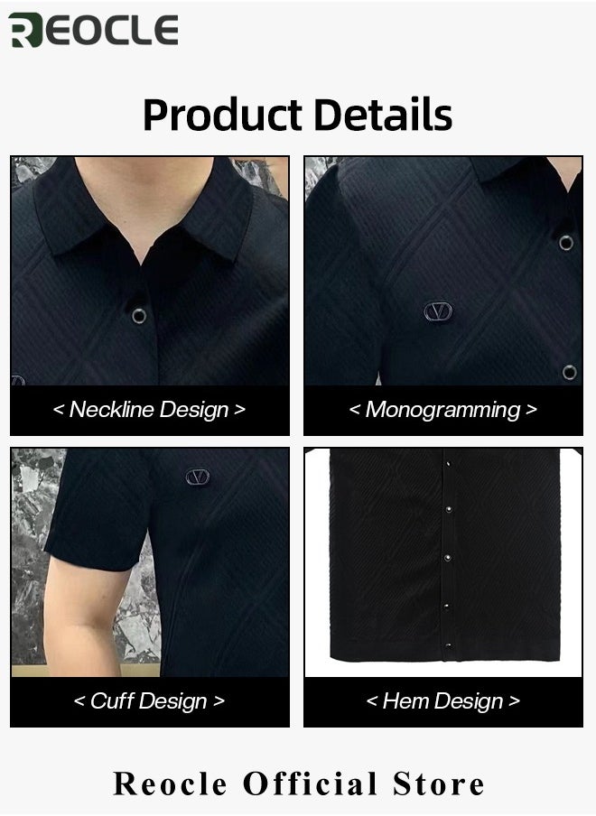 REOCLE Men's T-shirt Short Sleeve Button Down Shirts Regular-Fit Cotton Lapel Shirts Casual T-shirt  - Image 5