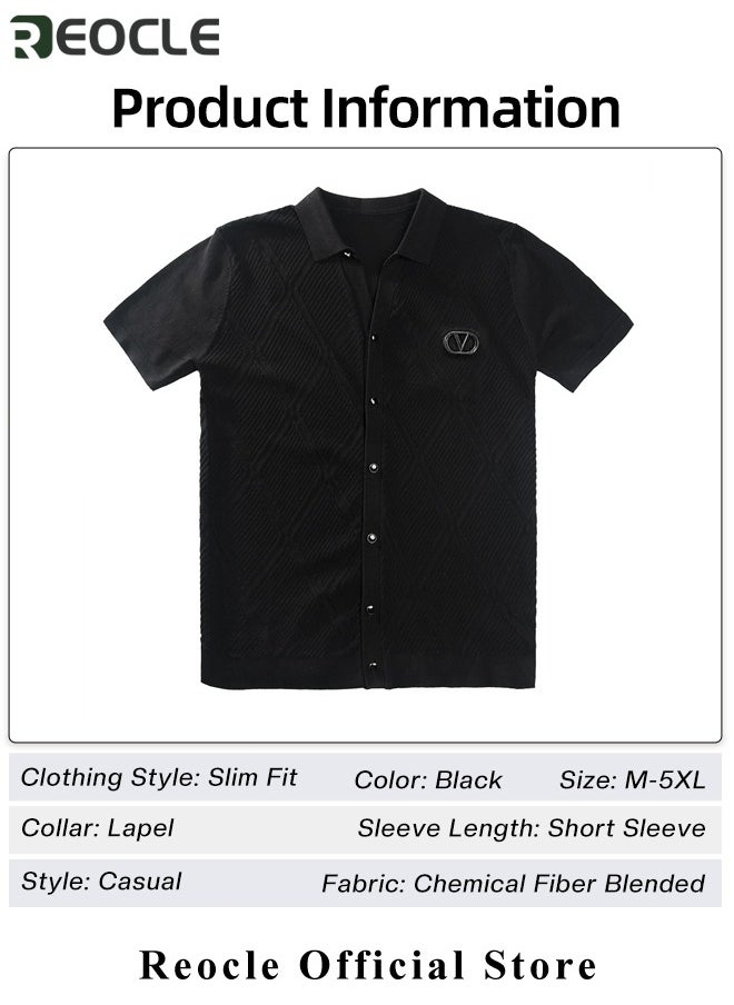 REOCLE - Men's T-shirt Short Sleeve Button Down Shirts Regular-Fit Cotton Lapel Shirts Casual T-shirt - Image 1