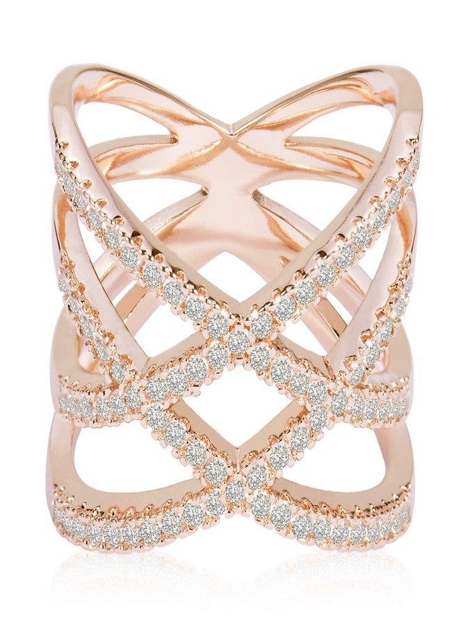 LEMON GRASS Rose Gold Double Criss Cross Ring CZ Pave Crossover Fashion Band Size 8 - Image 1
