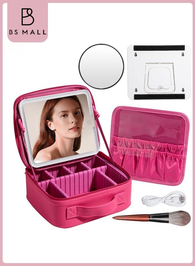BS Mall Makeup Bag with LED Lighted Mirror, Adjustable Brightness LED Cosmetic Train Case, With Brush Storage Board Suitable for Travel and Daily Make up (Rose Red) - Image 2