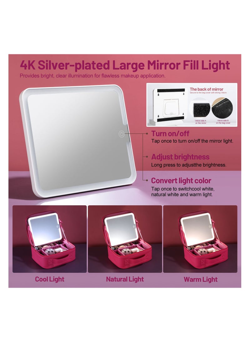 BS Mall Makeup Bag with LED Lighted Mirror, Adjustable Brightness LED Cosmetic Train Case, With Brush Storage Board Suitable for Travel and Daily Make up (Rose Red) - Image 4