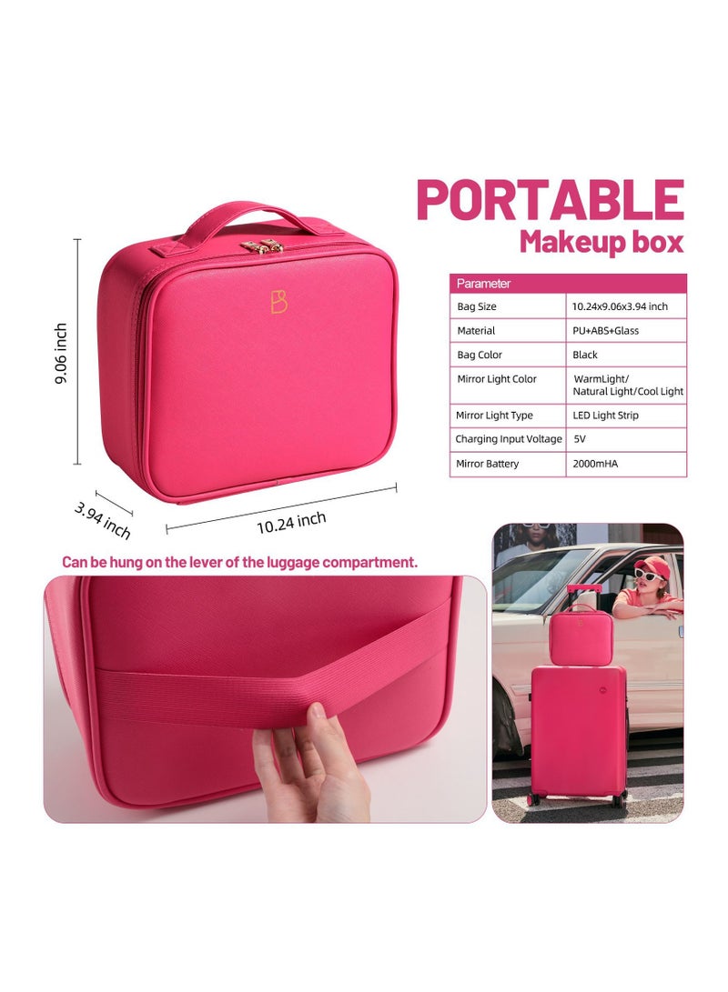 BS Mall Makeup Bag with LED Lighted Mirror, Adjustable Brightness LED Cosmetic Train Case, With Brush Storage Board Suitable for Travel and Daily Make up (Rose Red) - Image 3