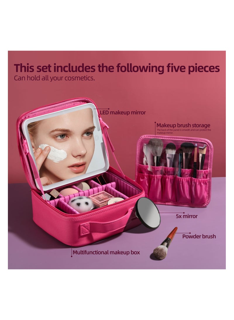 BS Mall Makeup Bag with LED Lighted Mirror, Adjustable Brightness LED Cosmetic Train Case, With Brush Storage Board Suitable for Travel and Daily Make up (Rose Red) - Image 5