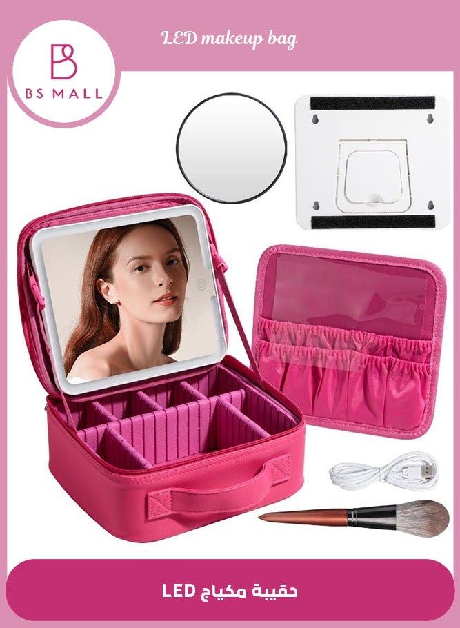 BS Mall Makeup Bag with LED Lighted Mirror, Adjustable Brightness LED Cosmetic Train Case, With Brush Storage Board Suitable for Travel and Daily Make up (Rose Red) - Image 1