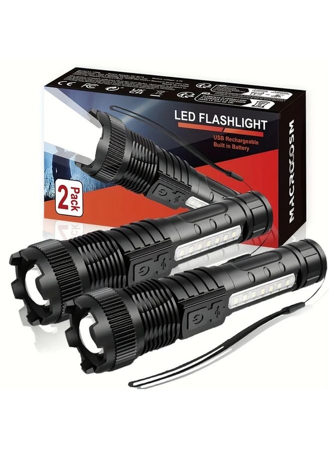 2pcs Black Rechargeable LED Flashlights High Lumens Zoomable Beam 3 Modes for Outdoor - Image 2
