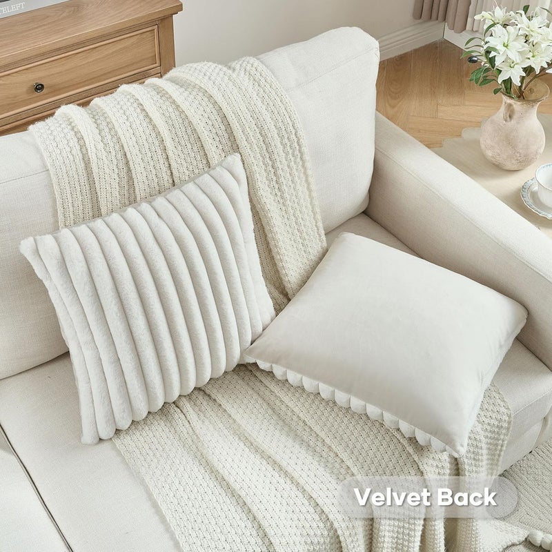 FUTEI Cream White Striped Decorative Throw Pillow Covers 22x22 Inch Set of 2,Square Winter Decorations Couch Pillow Case,Soft Cozy Faux Rabbit Fur & Velvet Back,Modern Home Decor for Bed - Image 4