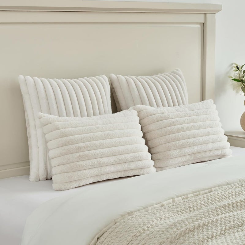 FUTEI Cream White Striped Decorative Throw Pillow Covers 22x22 Inch Set of 2,Square Winter Decorations Couch Pillow Case,Soft Cozy Faux Rabbit Fur & Velvet Back,Modern Home Decor for Bed - Image 5